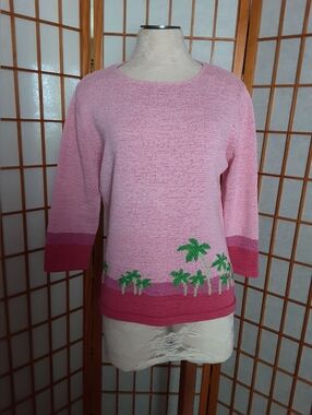 "Northern Isles" Pink Palm-Accent Crewneck Sweater